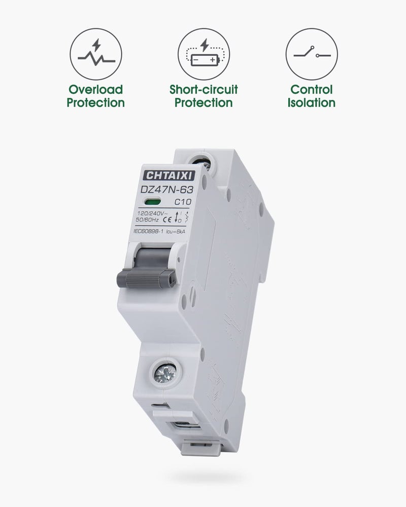 CHTAIXI AC Miniature Circuit Breaker, 10 Amp 120V/240V 1 Pole DIN Rail Mount Circuit Breaker, Thermal Magnetic Trip, Solar AC Disconnect Switch MCB C10 - Image 2